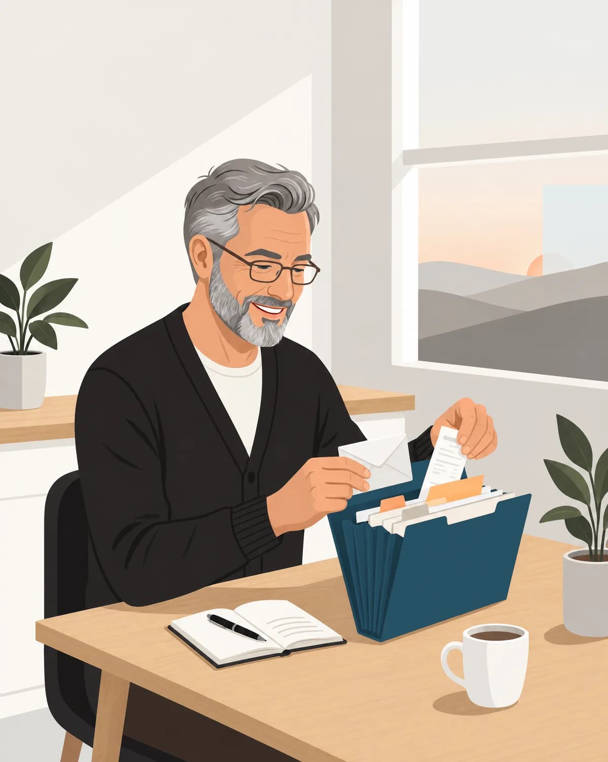 A man in his fifties smiles as he sorts envelopes and receipts into an accordion folder at his kitchen table.