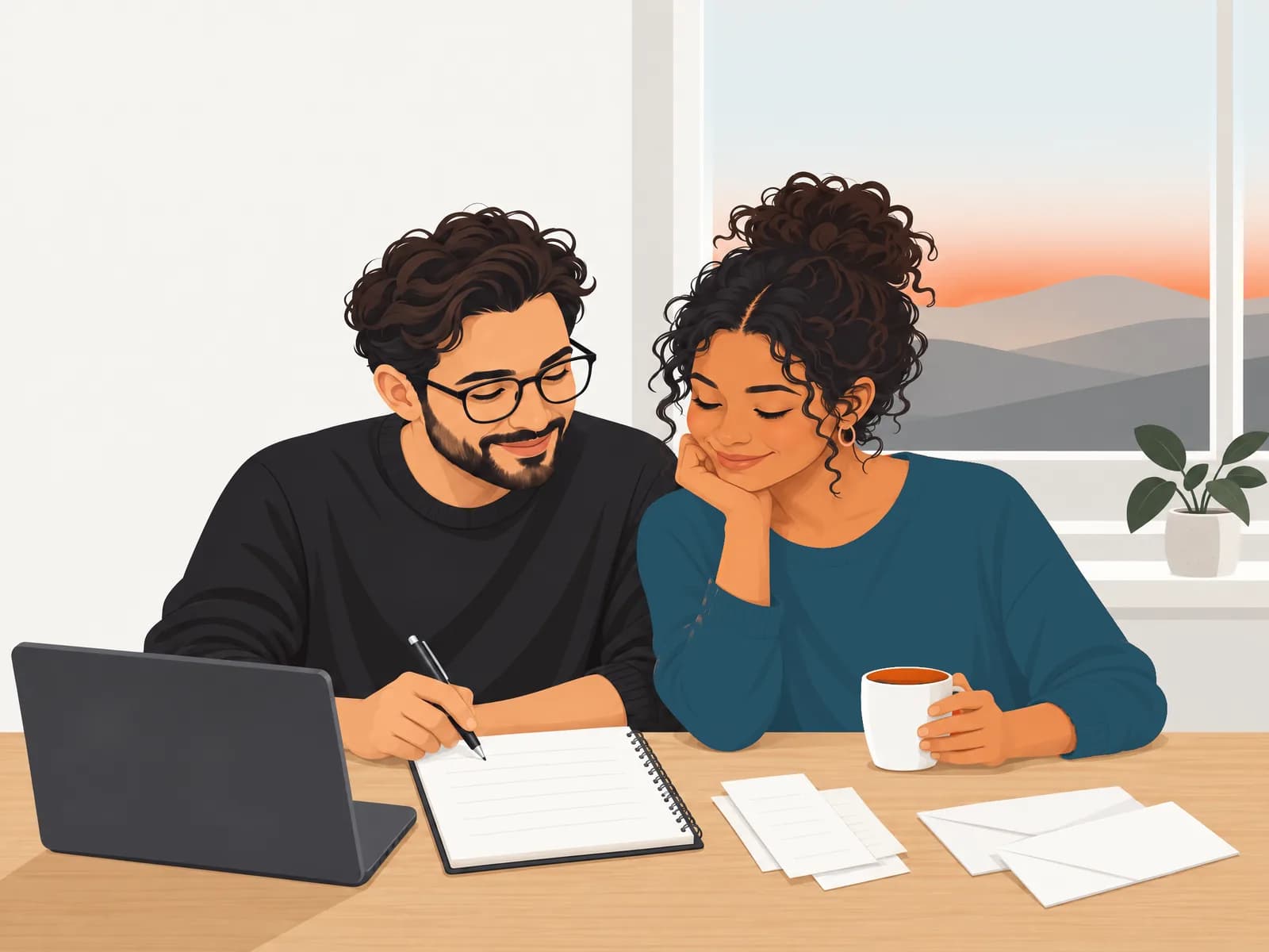 A couple works on their budget at the kitchen table: he writes in a notebook, she smiles, a mug in her hand.
