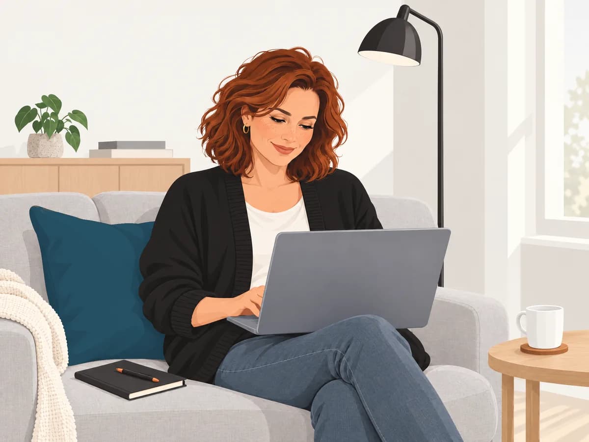 A woman in her forties sits on her sofa, typing on her laptop with a calm smile.