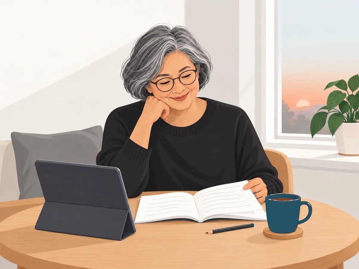 A woman in her sixties smiles as she reads an open document at her table, a pencil and a mug within reach, her tablet beside her.