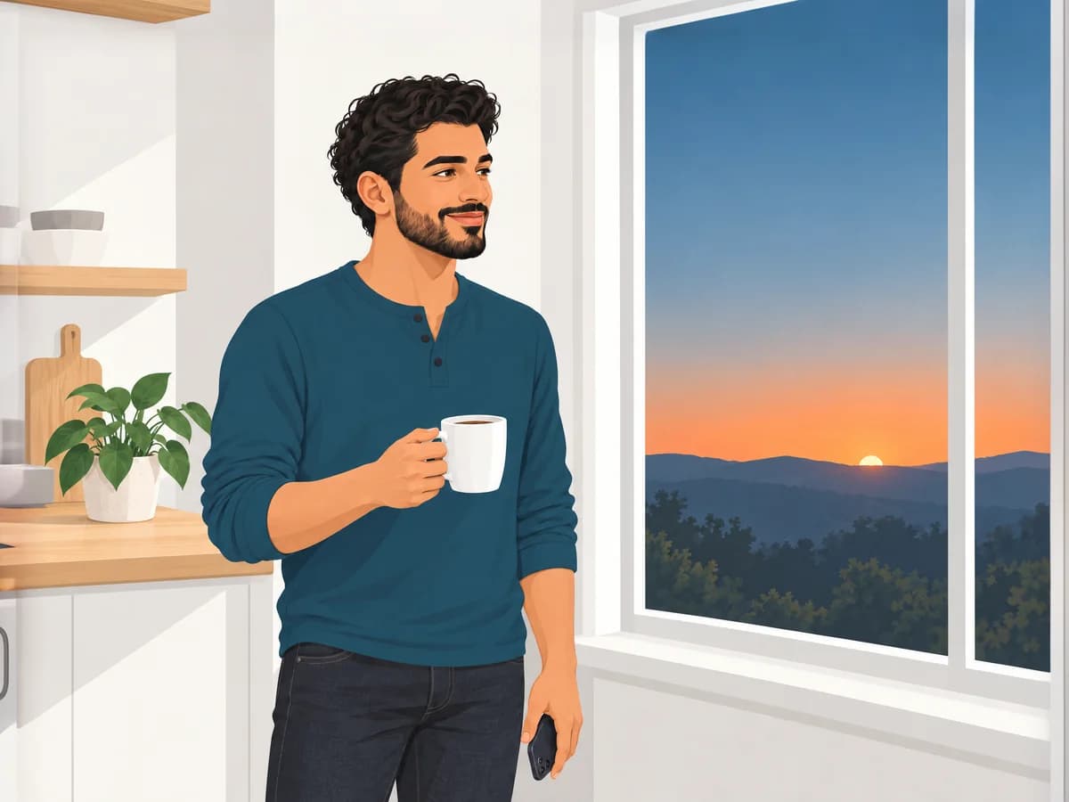 A man in his thirties, coffee in hand and phone lowered at his side, watches the sun rise over the hills through the window with a slight smile.